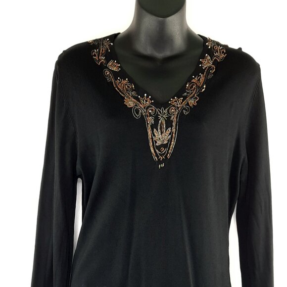 Large Unique Black Elegant Long Sleeve Beaded D V Neck Formal evening Sweater - Picture 1 of 10